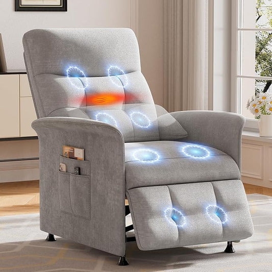 Power Recliner Chair for Adults with Heat & Massage - Soft Fabric Electric Reclining Sofa with Remote Control, 3 Side Pockets, 180° Lay Sleeper for Home Theater Living Room, Light Grey
