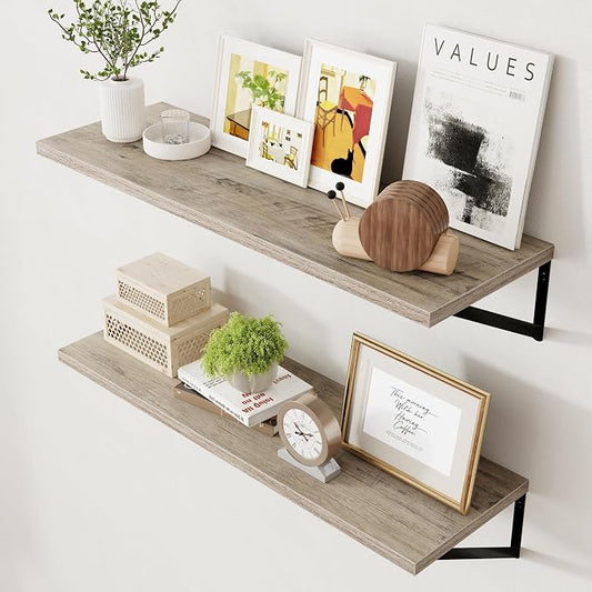 Axeman 12 Inch Deep Floating Shelves for Wall - 36 Inch Wide x 12 Inch Deep Wall Shelves Set of 2 - Rustic Grey Wood Floating Shelves for Living Room