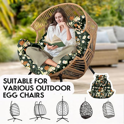 Outdoor Hanging Egg Chair Cushion Replacement, Extra Large Waterproof Egg Swing Cushions with Headrest Pillow and Ties, U-Shaped Thickened Cushion for Hanging Eggs Chair (Green Floral)