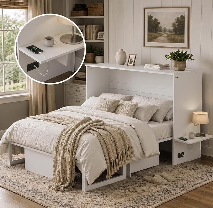 Softa Queen Murphy Bed Cabinet with Storage Drawer & Charging Station, 1200 LBS Heavy Duty Wood Wall Bed with Fold-Down Desk for Guest Room & Home Office, No Box Spring Needed