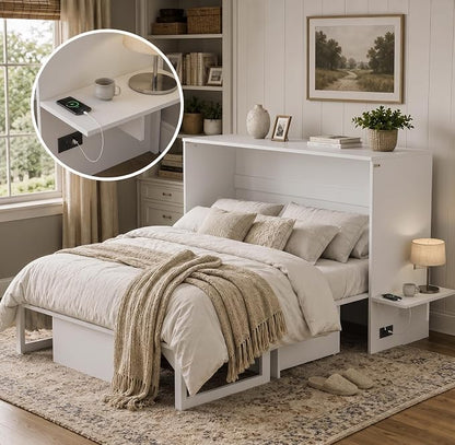Softa Queen Murphy Bed Cabinet with Storage Drawer & Charging Station, 1200 LBS Heavy Duty Wood Wall Bed with Fold-Down Desk for Guest Room & Home Office, No Box Spring Needed