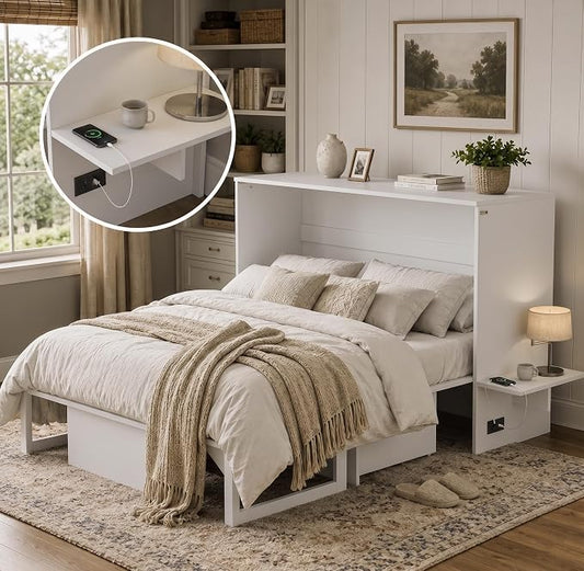 Softa Queen Murphy Bed Cabinet with Storage Drawer & Charging Station, 1200 LBS Heavy Duty Wood Wall Bed with Fold-Down Desk for Guest Room & Home Office, No Box Spring Needed