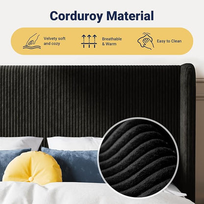 Allewie Queen Size Bed Frame with Upholstered Wingback Headboard, Vertical Channel Tufted Corduroy Velvet Platform Bed, Strong Wooden Slats Support, No Box Spring Needed, Easy Assembly, Sturdy, Black