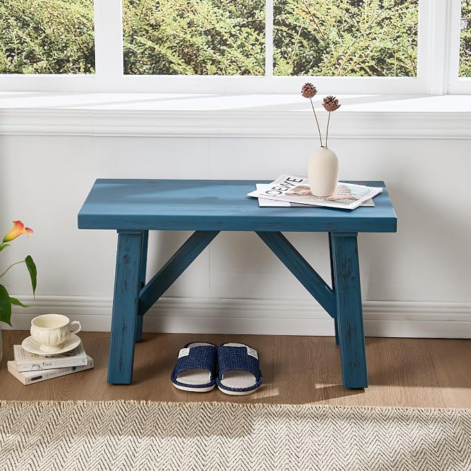30" Farmhouse Entryway Bench, Rustic Solid Wood Dining Room Bench Small Entryway/Hallway Bench for Indoors Entry Way Seating for Living Room, Hallway, Porch, Easy Assembly, Blue