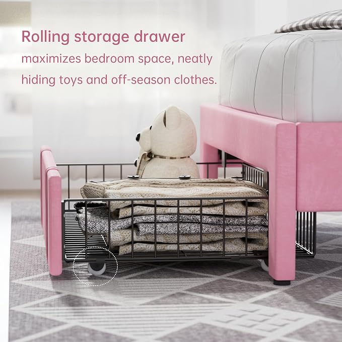 VECELO Twin Size Bed Frame with Storage Drawer, Heavy-Duty Bedframe with Tufted Headboard & Wooden Slats & Steel Framework, No Box Spring Needed, Pink