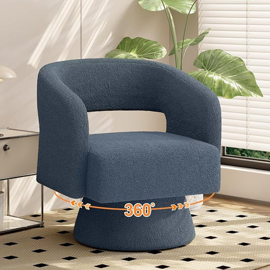 Luxanimarion Swivel Barrel Accent Chair,Oversized Teddy Upholstered Round Swivel Chair,Modern Luxury 360 Degree Living Room Vanity Chair for Bedroom Office,Blue,1PCS