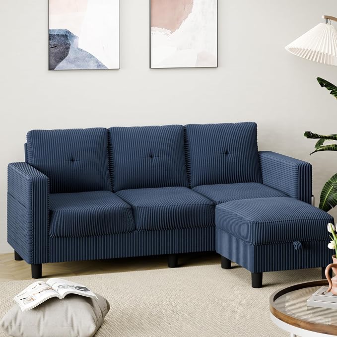 Shintenchi 76" Modern Upholstered Sectional Sofa, L-Shaped Couch with Storage Ottoman and Reversible Chaise for Living Room, Blue Linen Fabric