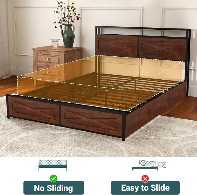 Zevemomo Full LED Bed Frame with 6 Storage Drawers, Farmhouse Headboard w/Charging Ports Station, Full-Size Platform Bed Frame No Box Spring Needed, Metal Structure & Wood Boards, Rustic Bed Frames