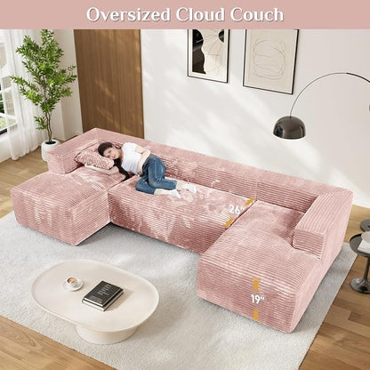 131" Oversized U Shaped Cloud Sectional Couches for Living Room, Comfy Fluffy Corduroy Pink Boneless Sectionals Couch, Plush Memory Foam Modular Sectional Sofa with Chaise- 19" Seat Height