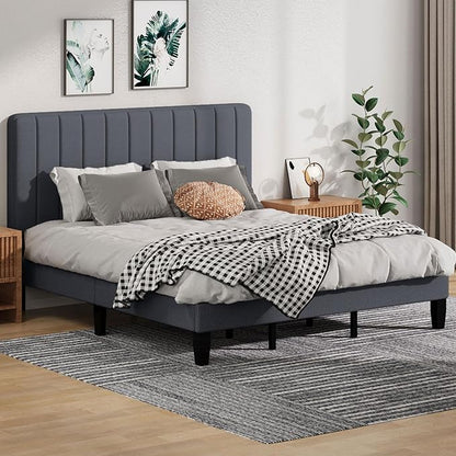 King Size Bed Frame with Headboard, Platform Bed with Soft Linen Upholstered Headboard | Wooden Slats Support | Adjustable Height | No Box Spring Needed, King Bed Frame Grey