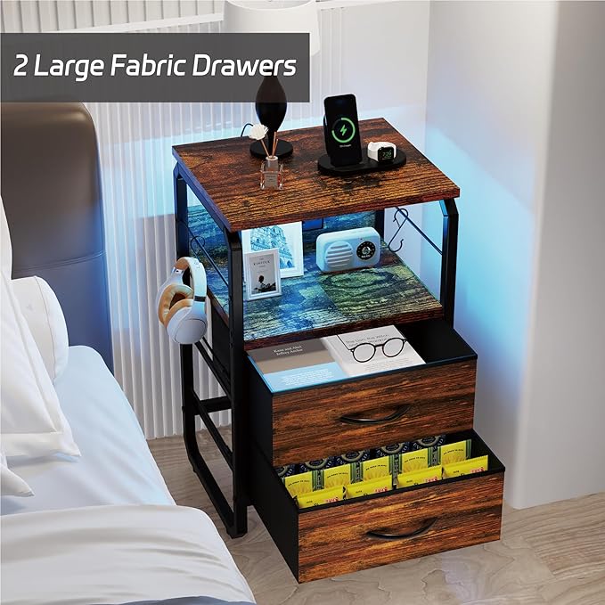 runjuly LED Nightstand, Bedside Table with Storage, End Table with Drawers & Hooks, Small Table with Charging Station, AC Outlets, USB-C Ports, Night Stand Table for Bedroom, Dorm, Rustic Brown