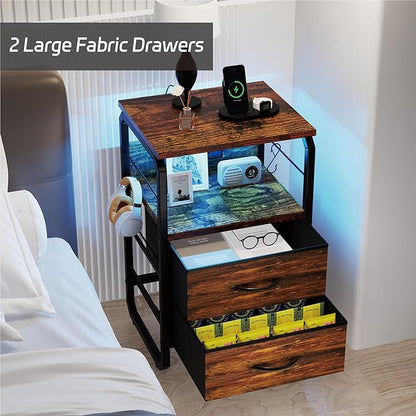 runjuly LED Nightstand, Bedside Table with Storage, End Table with Drawers & Hooks, Small Table with Charging Station, AC Outlets, USB-C Ports, Night Stand Table for Bedroom, Dorm, Rustic Brown