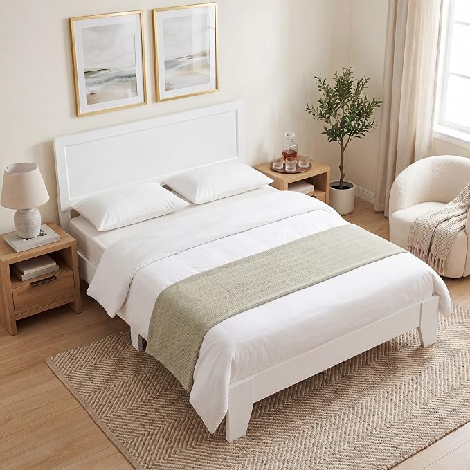Giantex Queen Size Wooden Bed Frame with Headboard, Wood Slat Support | Modern Platform Bed with Heavy Duty Mattress Foundation, Under-Bed Storage, No Box Spring Needed, Easy Assembly (White)