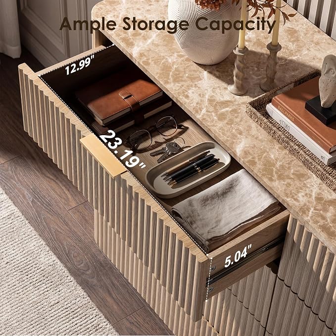 Dresser for Bedroom with 8 Drawers, 54"W Chest of Drawers, Fluted Dresser with Faux Marble Top, Curved Profile Design, Metal Handle, Wood Closet Storage Organizer for Living Room, Hallway, Natural Oak