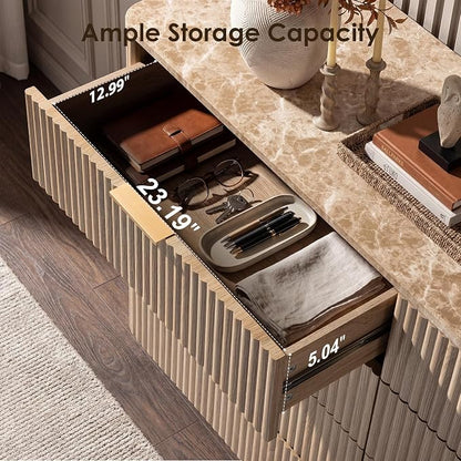 Dresser for Bedroom with 8 Drawers, 54"W Chest of Drawers, Fluted Dresser with Faux Marble Top, Curved Profile Design, Metal Handle, Wood Closet Storage Organizer for Living Room, Hallway, Natural Oak