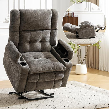 Power Lift Recliner Chair for Elderly with Massage and Heat, Dual Motor Electric Lift Chair with Arm Storage, Lay Flat Recliner for Big and Tall, Infinite Position,Living Room, Bedroom, Gray