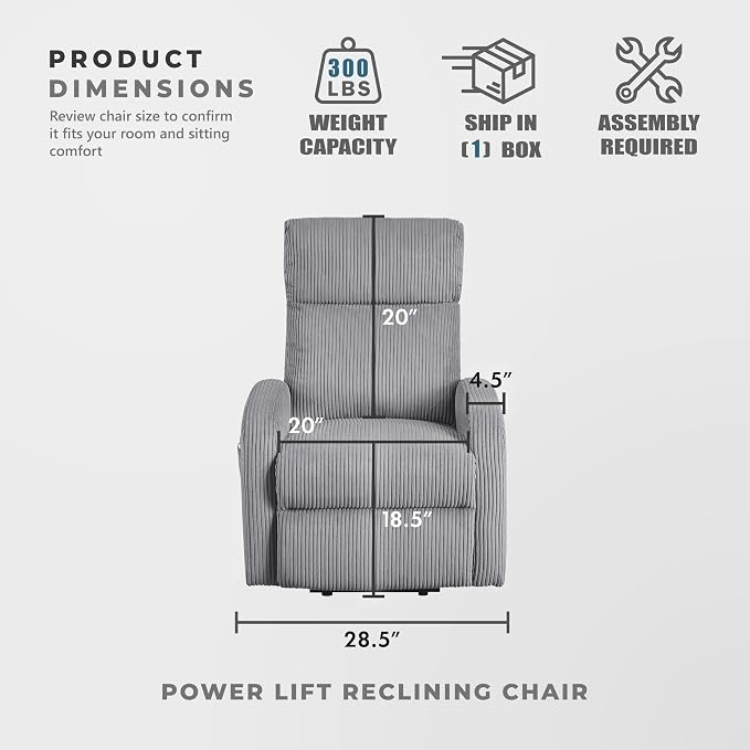 Lexicon Power Lift Recliner Chair for Elderly with Remote Control, Gentle Lift Motion, Side Pocket Armrest, Corduroy Upholstered Electric Recliner for Living Room/Bedroom, Easy Assembly, Dark Gray