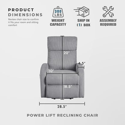 Lexicon Power Lift Recliner Chair for Elderly with Remote Control, Gentle Lift Motion, Side Pocket Armrest, Corduroy Upholstered Electric Recliner for Living Room/Bedroom, Easy Assembly, Dark Gray