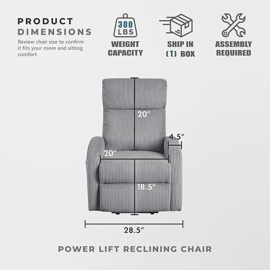 Lexicon Power Lift Recliner Chair for Elderly with Remote Control, Gentle Lift Motion, Side Pocket Armrest, Corduroy Upholstered Electric Recliner for Living Room/Bedroom, Easy Assembly, Dark Gray