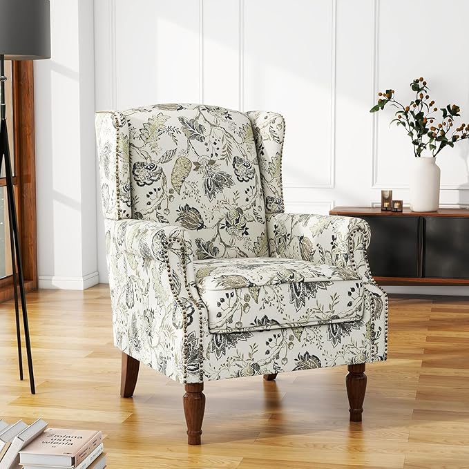High Back Accent Chair, Fabric Upholstered Armchair Floral Wingback Chair for Living Room, Comfy Solid Wood Legs Bedroom Reading Seat - Plants Beige