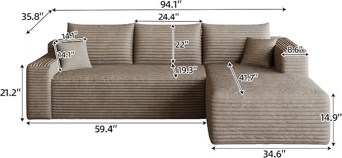 95" L Shaped Boneless Sectional Sofa Couch with Chaise Lounge, Minimalist Right Facing Compressed Cloud Modular Sectional Sofa Corner Couchfor Living Room,No Assembly Required