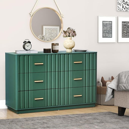 Fluted Double Dresser for Bedroom with 6 Drawers, 47" Wide Modern Chest of Drawers with Curved Profile Design, Wood Closet Clothes Storage Organizer Dresser TV Stand for Living Room, Hallway, Green