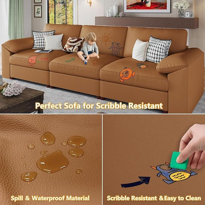 EASE MOOSE Leather Sectional Couch, Oversized Modular Sectional Sofas, Wide Deep Seat Modular Couch, Scratch Resistant Faux Leather Material, L Shaped Sofa for Big Spaces, Brown