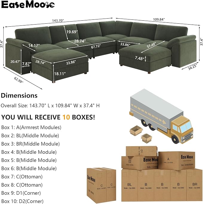 EASE MOOSE Oversized L Shaped Sectional Modular Sofa,Large U Shaped Sectional Couch Wide Deep Seat Modular Cloud Couch Green Removable Washable