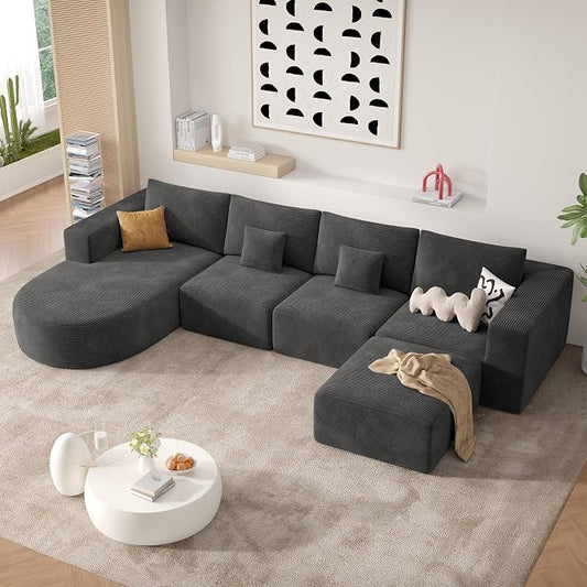 134" Boneless Couches for Living Room,Large U-Shaped Modular Sectional Sofa with Convertible Ottoman,Modern Cozy Cloud Couch in a Box,Sponge Compression Deep Seat Sofas with Chaise,Gray,1pcs