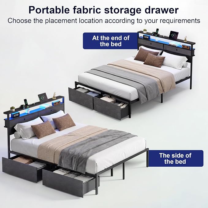 Queen Bed Frame with LED Lights and Charging Station, Platform Bed with Metal Slats, Wood Headboard with 2 Fabric Drawers and Storage Shelves, No Box Spring Needed