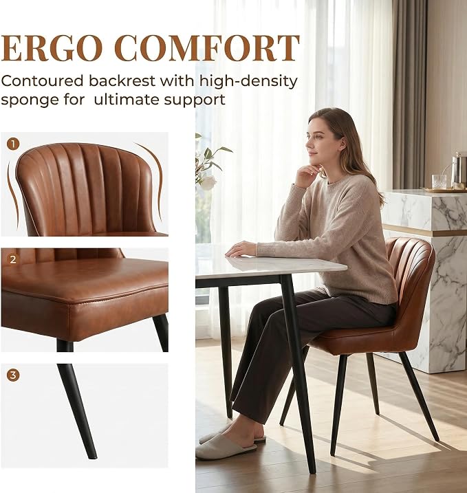 ROCITY Brown Leather Dining Chairs Set of 4 Upholstered Dining Room Chairs with Back Mid Century Modern Accent Chairs Armless Side Chairs for Kitchen/Dining Room/Living Room