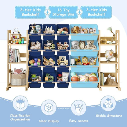 EXPERLAM Extra Large Toy Storage - Toy Storage Organizer, Wooden Toy Organizer with 6 Side Shelves and 16 Bins, 3-in-1 Bookshelf for Kids Rooms, Playroom, Nursery, Blue