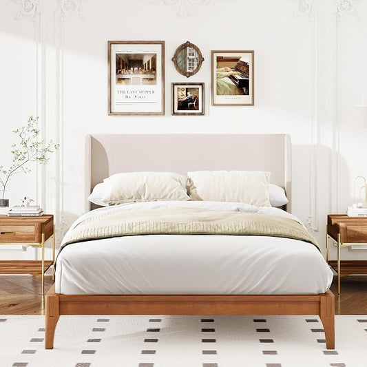 Merax King Size Bamboo Platform Bed, Mid-Century Bed Frame with Tall Upholstered Headboard, Wood Slat Support, No Box Spring Needed, Easy Tool-Free Assembly, Beige+Brown