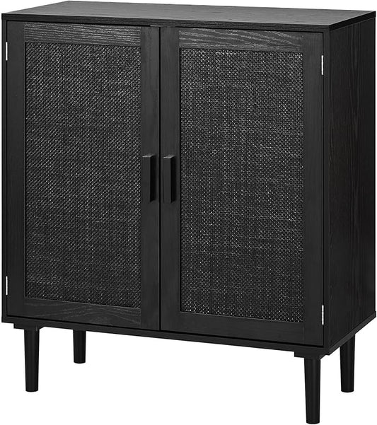 VEVOR Buffet Cabinet, Rattan Sideboard Cabinet with 2 Magnetic Doors and Adjustable Shelves, Accent Sideboard Buffet with Wooden Legs & Power Cord Hole for Hallway, Entryway, Kitchen, Black