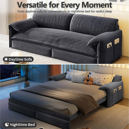 66" Sofa Bed Queen Size, Pull Out Couch Bed, 3-in-1 Convertible Sleeper Sofa with Side Pocket, Modern Velvet Futon Couch for Living Room, Small Space, Apartment, Bedroom, Grey