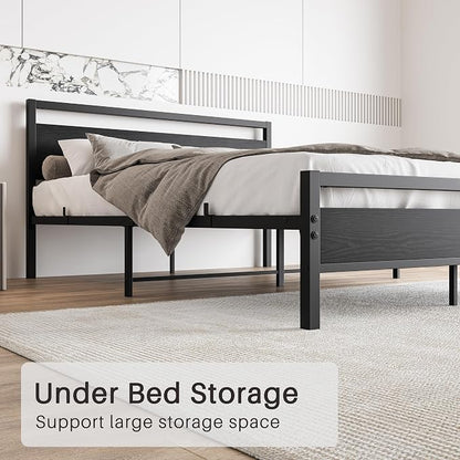 BOFENG Black Queen Size Bed Frames with Wood Headboard,Heavy Duty Metal Platform Bed Frame with Storage No Box Spring Needed,Strong Steel Slats Support,Noise Free