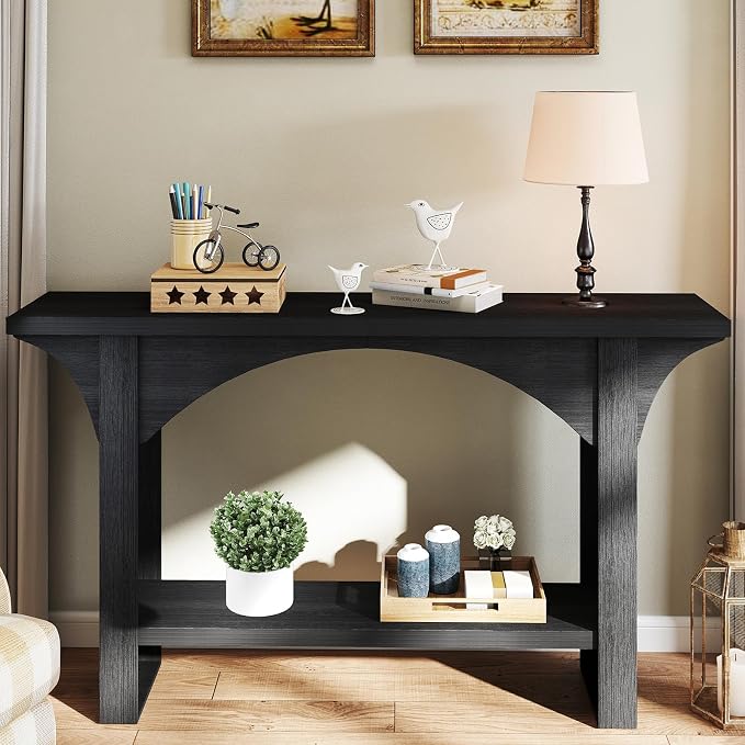 Black Entry Table, 55'' Modern Console Table 2-Tier Wood Entrance Table Foyer Tables for Entryway Hallway