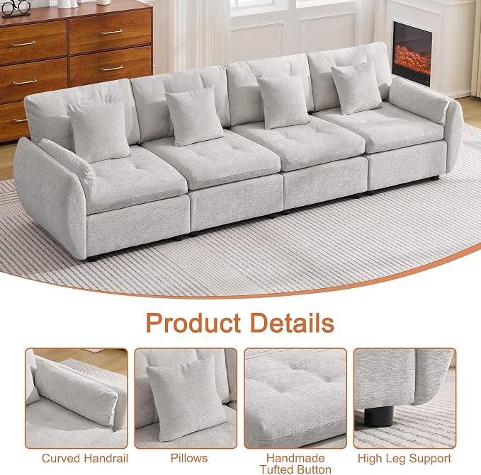 112" Oversized Modular Cloud Sofa, Deep Seat Tufted Chenille 4-Seater Sectional Couch with Curved Arms, Comfy Sofas for Living Room, Light Grey