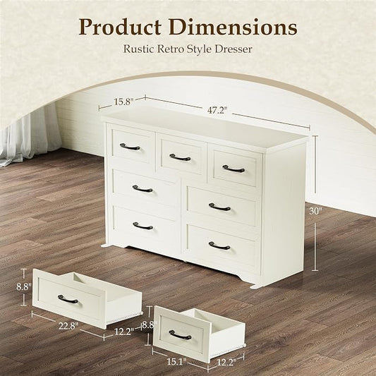 AODK Farmhouse 7 Drawer Dresser for Bedroom, 47” Wide Rustic Storage Chest with Engineered Wood Frame, Anti-Tip Design, American Country Bedroom Furniture, Vintage White