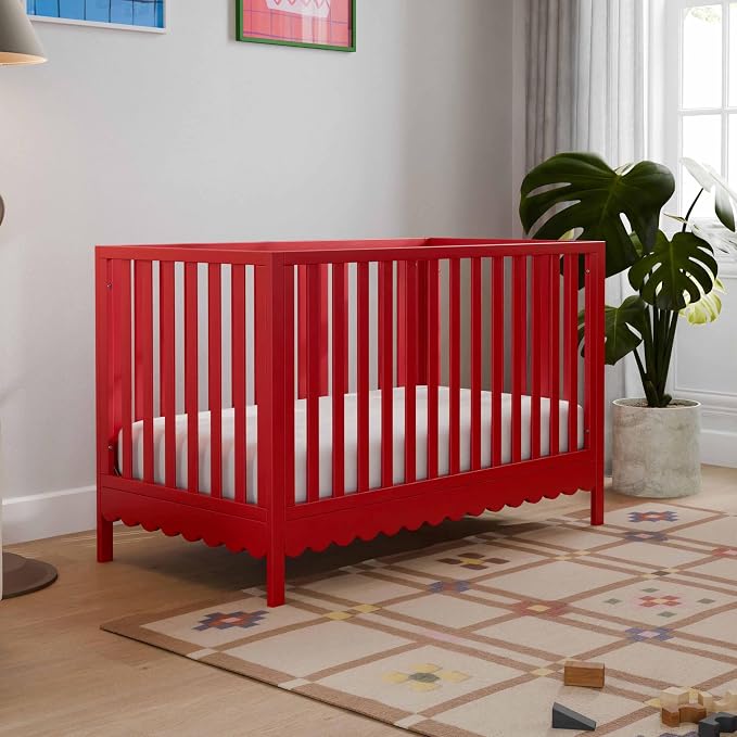 Davinci Sammy Scallop 4-in-1 Convertible Baby Crib, Strawberry Red | GREENGUARD Gold Certified, Converts to Toddler Bed & Daybed & Full-Size Bed, 4 Adjustable Mattress Heights - Easy to Assemble