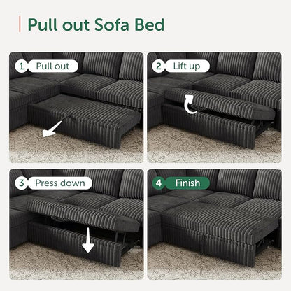 HONBAY Modular Sectional Sleeper Sofa with Pull Out Bed,Corduroy L Shaped Couch with Storage, Sectional Couches for Living Room,Dark Grey