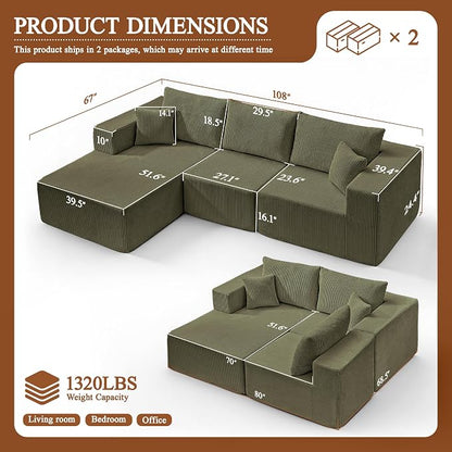 Modular Sectional Sofa for Living Room, 108" Cloud Couch Sectional with L-Shape Chaise, Modern Upholstered Corduroy Boneless Couch with Memory Foam Deep Seat, No Assembly Required (Green)