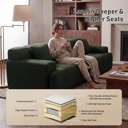 OUYESSIR 114" Boneless Couch,Cloud Couch,3D Mesh Fabric Comfy Sofa,3 Seater Modern Curved Sofa for Living Room,Bedroom and Apartment,No Assembly Required,Green