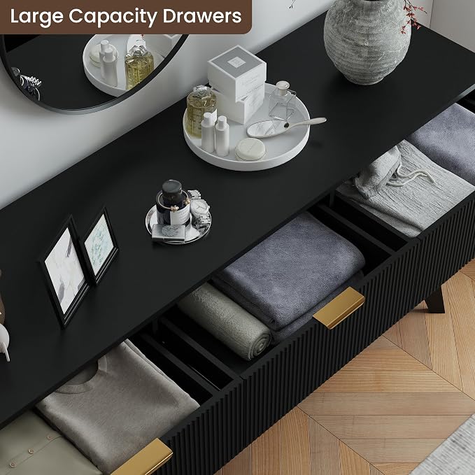 SUNWAVE 9 Drawer Dresser for Bedroom, 59.1" Large Fluted Dresser with Round Corner, Modern Dressers Wood Chest of Drawer for Living Room (Black)