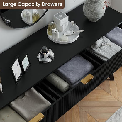 SUNWAVE 9 Drawer Dresser for Bedroom, 59.1" Large Fluted Dresser with Round Corner, Modern Dressers Wood Chest of Drawer for Living Room (Black)