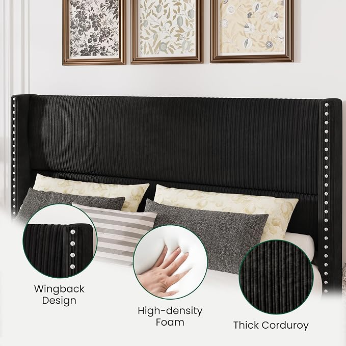 LARMACE Queen Size Bed Frame with 4 Storage Drawers Corduroy Bed Upholstered Platform Bed Frame with 48" Tall Headboard, Solid Wood Leg/No Box Spring Needed/Noise Free, Black