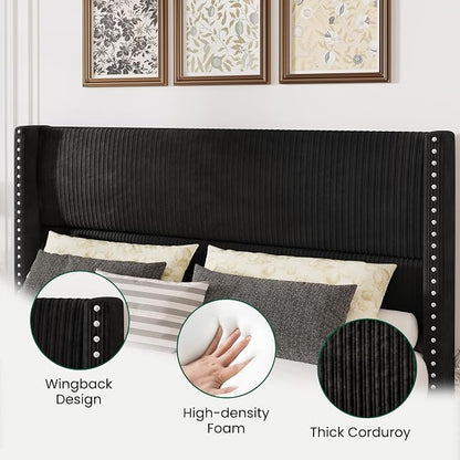 LARMACE Queen Size Bed Frame with 4 Storage Drawers Corduroy Bed Upholstered Platform Bed Frame with 48" Tall Headboard, Solid Wood Leg/No Box Spring Needed/Noise Free, Black