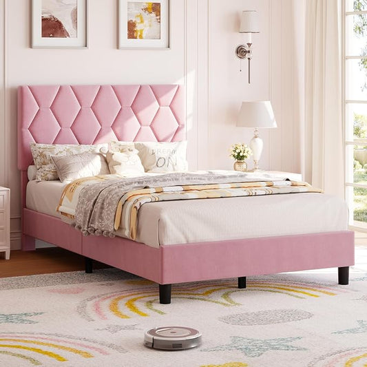 GAOMON Pink Twin Bed Frame with Upholstered Headboard, Heavy-Duty Platform Bed Frame with Strong Wood Slats, No Box Spring Needed/Noise Free/Easy Assembly