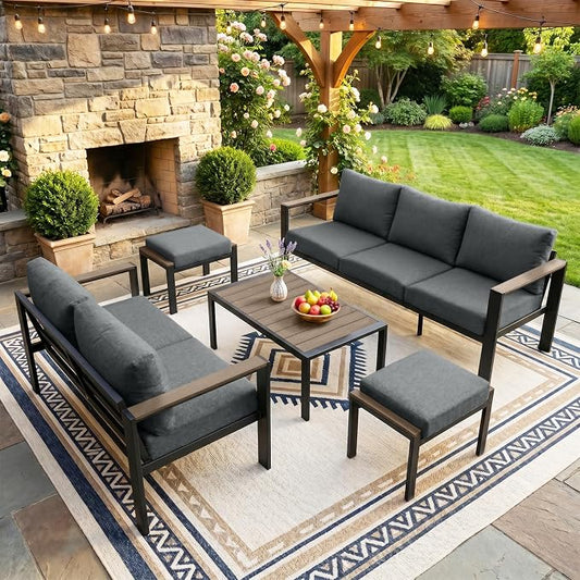 Patio Furniture Set 7 Seats and Coffee Table, 5 Pieces Patio Conversation Set with Thick Cushion, Ottomans, Deluxe Aluminum Modern Outside Sectional for Porch, Balcony, Deck, Yard, Light Gray