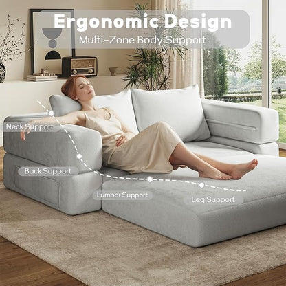 75'' Folding Convertible Sofa Bed with Large Pillow, 4-in-1 Foldable Pull Out Futon Sofa Bed, Chenille Boneless Mattress Couch, No Assembly Floor Sleeper Sofa Bed for Living Room/Bedroom, Cool Gray